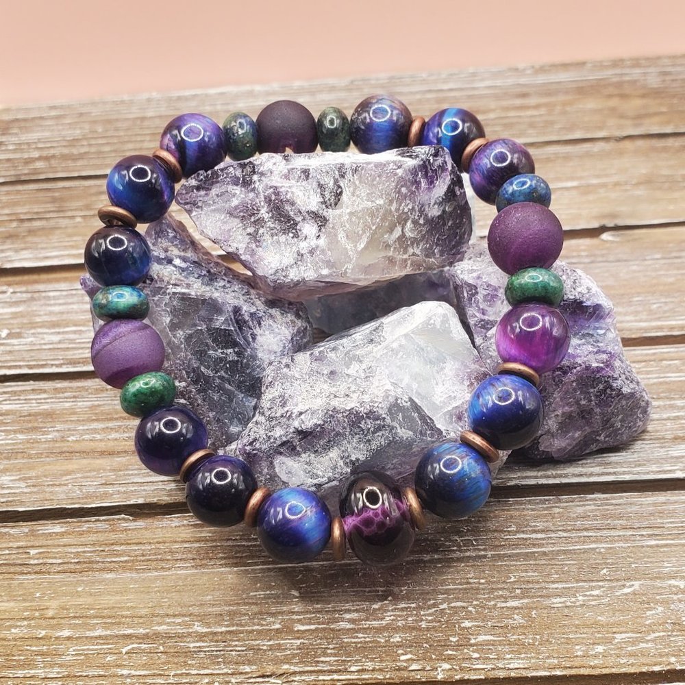 GalaxyTigers Eye, Druzy Agate, Chrysocolla, Copper and Lampwork Beaded Bracelet